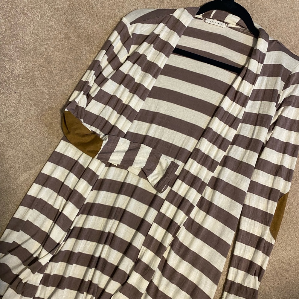 Striped elbow patch cardigan soft small taupe